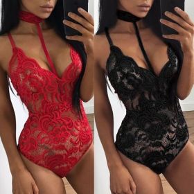 Fashion Women Sheer Lace Floral Leotard Tops Backless Jumpsuit Sexy Lingerie Dress Neck Choker Bodysuit - Red - XL