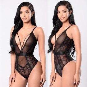 Fashion Sleepwear Backless Teddies Hollow Bodysuit Floral Lace Halter One Piece Sexy Lingerie - Black - S