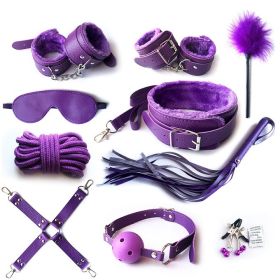 SM Bondage Restraint Set Sex Handcuffs Whip Anal Beads Butt Plug Anal Plug Bullet Vibrator Sex Toys for Woman Adult S&M Fetish - PU-purple-10pcs