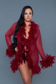 Knee Length Feather Robe With Ribbon Ties - Maroon