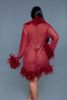 Knee Length Feather Robe With Ribbon Ties - Maroon