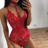 Fashion Women Sheer Lace Floral Leotard Tops Backless Jumpsuit Sexy Lingerie Dress Neck Choker Bodysuit - Red - XL