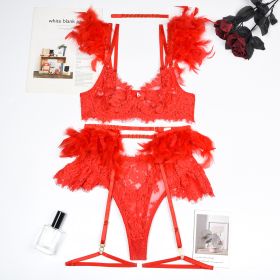 Feather Sexy Lingerie Lace Women Underwear Bra Panty (Option: Red-S)