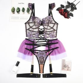 Heavy Industry Chain Mesh Stitching Sexy Lingerie Four-piece Set (Option: Purple-S)