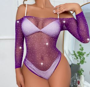 Women's Rhinestone Underwear Long Sleeve Fishnet Clothes (Option: Purple-Free Size)