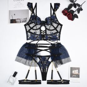 Heavy Industry Chain Mesh Stitching Sexy Lingerie Four-piece Set (Option: Blue Black-M)