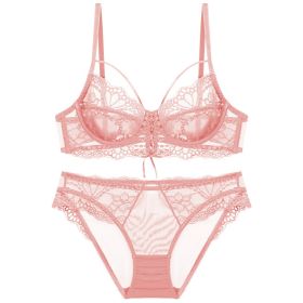 Ribbon Big Chest Show Small Half See-through Bra Set (Option: Pink-95C)