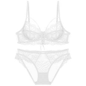 Ribbon Big Chest Show Small Half See-through Bra Set (Option: White-70C)