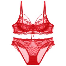 Ribbon Big Chest Show Small Half See-through Bra Set (Option: Red-70C)